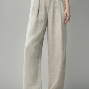 100 French Linen High-Waisted Wide-Leg Pleated Pants